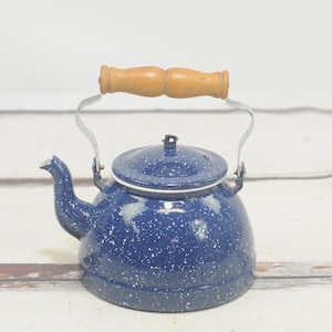 Vintage Tea Pot Teapot Blue and White Speckled Enamelware Tea Pot Tea Kettle Wood Handle