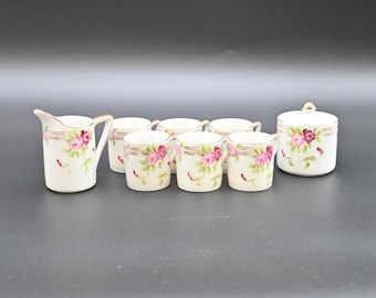Vintage Nippon Hand Painted Pink & Wine Rose Fence Gold Gilt Trim Chocolate Tea Set 8 PCS