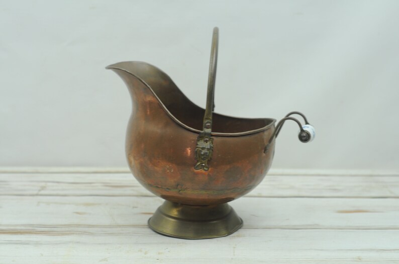 Old Vintage Copper Fireplace Coal Scuttle Ash Bucket W Delft Etsy