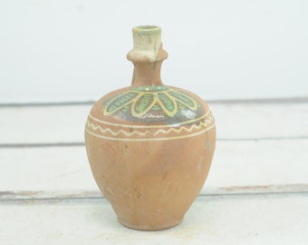 Antique 19th Century Decorated Redware Terra Cotta French European Jug Oil Pitcher Water Bottle #3