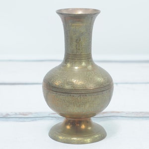 Vintage . Decorative Solid Brass Vase Etched Design Urn Made in India 8.5&quot;