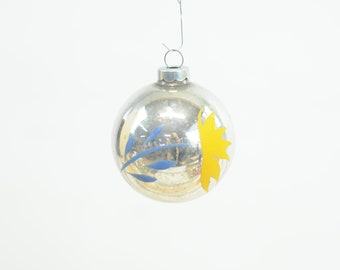 Vintage Christmas Ornament Glass Round Glossy Silver With Blue and Yellow Painted Flower Decorations (Box #79...+)