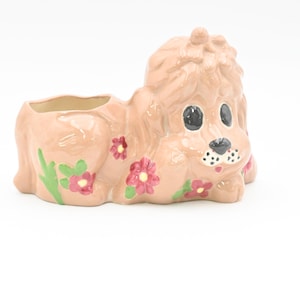 Vintage Puppy Dog Planter Ceramic Planter Pink and Green Retro Decor Handmade