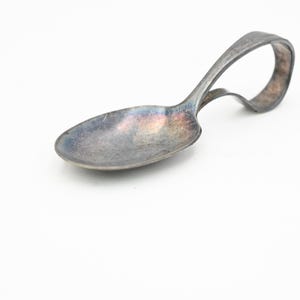 Vintage . Silver Plate Baby Spoon Initial Engraved , Curved, Bent Silver Baby Spoon Nursery Decor