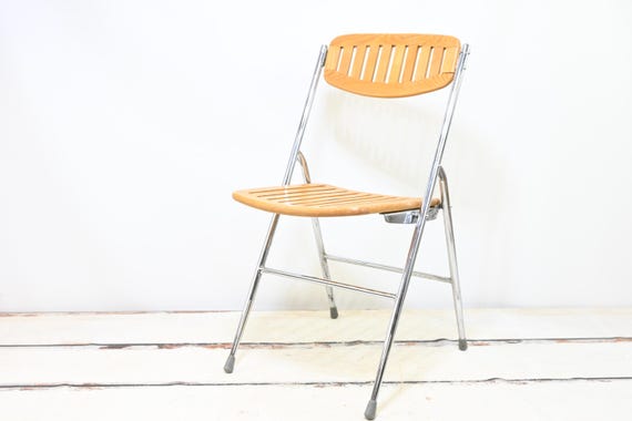 Vintage MidCentury Wood Slat Folding Chair Chrome Frame Made in Beijing