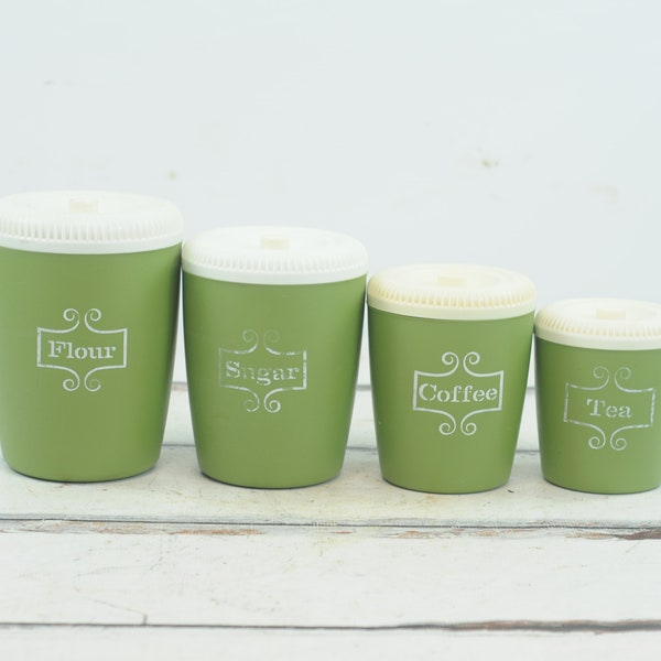 Vintage Retro Canister Set Four Avocado Green and White Plastic Nesting Canisters *