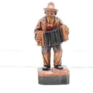 Vintage ANRI Wood Carved Figure of Musician~Man Playing Button Accordion