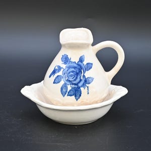 Vintage Left Handed Lefty Little Creamer Pitcher White Blue Roses 4in. Ceramic Bowl and Pitcher