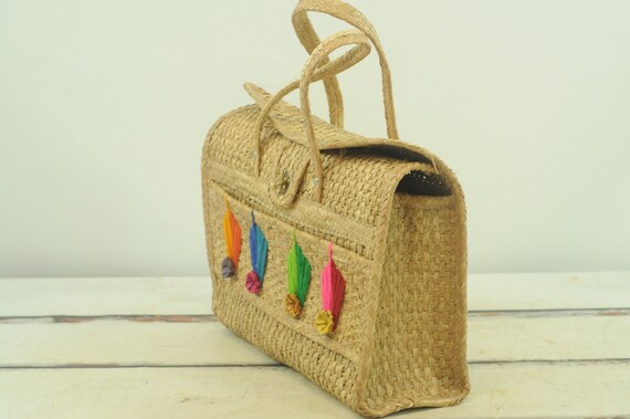 Vintage . 1960s Woven Straw Purse Straw Beach Bag… - image 2