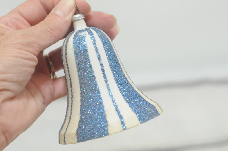 Vintage Christmas Ornament Large Plastic Bell off White With Blue