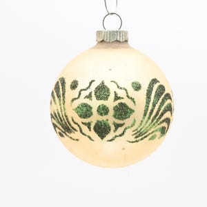 Vintage Ornament Glass Shiny Brite Soft Gold Dark Green Stenciled Design Box #141-2