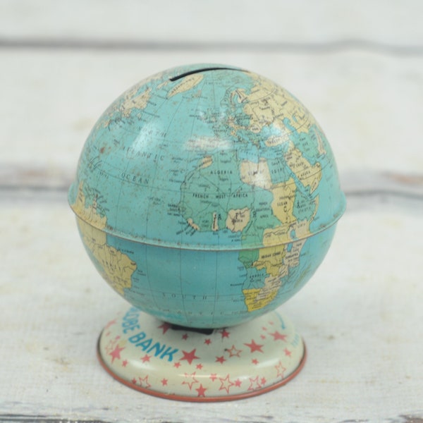 Vintage J Chein 4" Litho Steel Globe Bank-Late 1940s Toy Tin Litho World Globe Bank