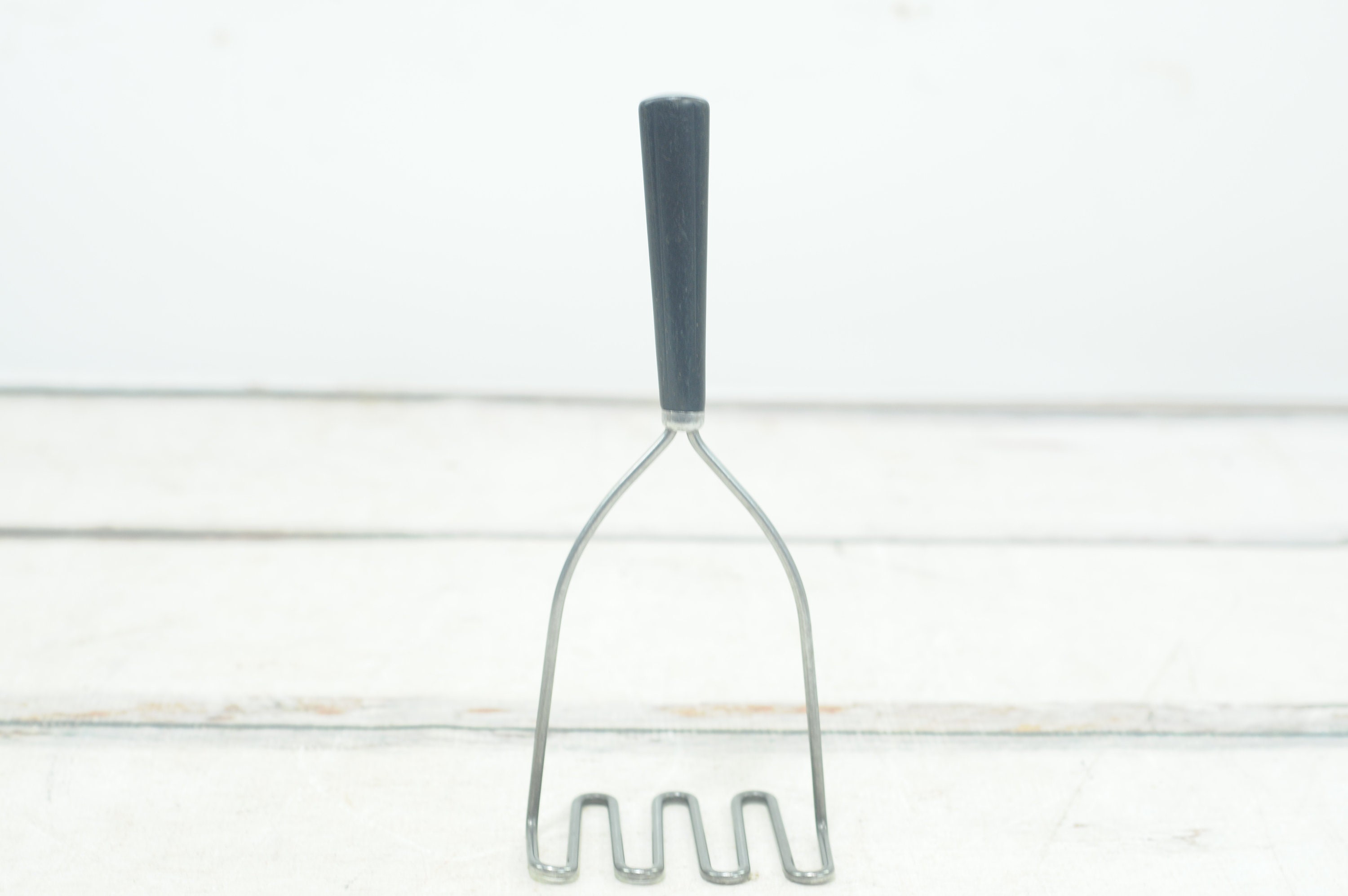 Vintage Hand Potato Masher Stainless Steel With Black Plastic Handle