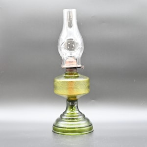 Antique . Vintage Green Pattern Glass Oil Lamp c. late 1800s P&A Wedding Scroll Pressed Green Glass Oil Lamp 18”