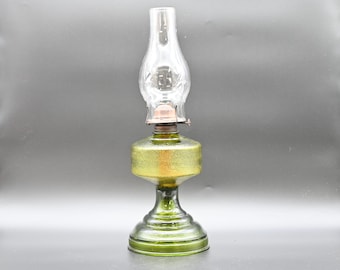 Antique . Vintage Green Pattern Glass Oil Lamp c. late 1800s P&A Wedding Scroll Pressed Green Glass Oil Lamp 18”