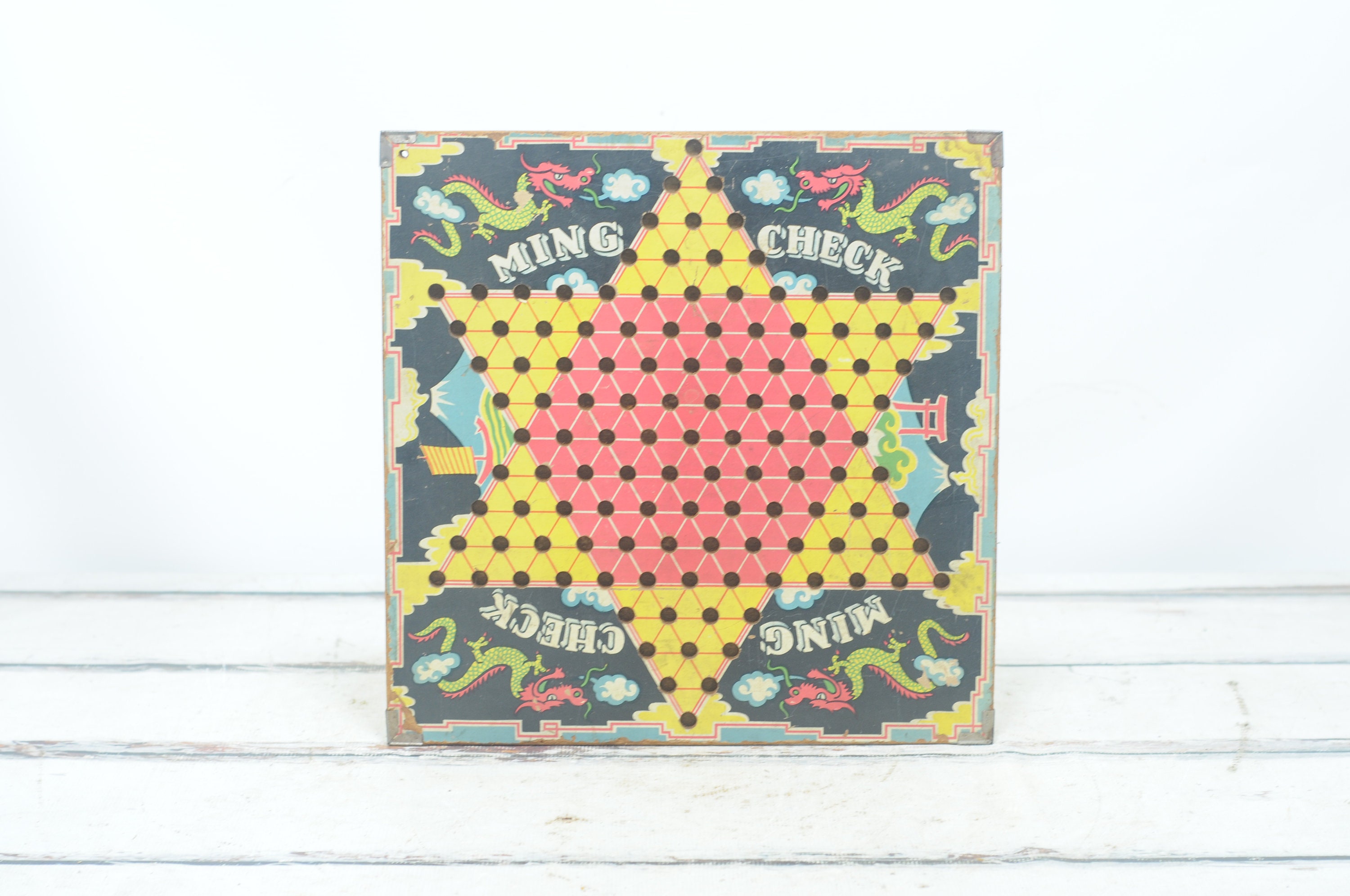 Antique/Vintage Ming Check Chinese Checkers Game Board With Dragon Design