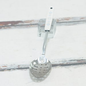 Vintage .  Ecko USA Slotted Spoon Vintage White Plastic Handle Blue Flowers Stainless Kitchen Tool