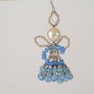 Vintage Christmas Ornament Handmade Beaded Angel Blue White and Silver Beads Box 8...