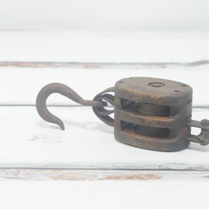 Vintage Small Wooden Double Barn/Nautical Pulley Block & Tackle Primitive Decor, Farm Decor, Industrial Decor, Rustic Decor