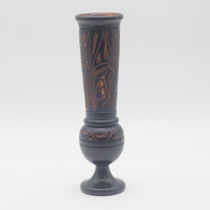 Vintage Hand Carved Wooden Vase Light and Dark Colors of Natural Wood Beautifully Hand Turned BOHO Decor