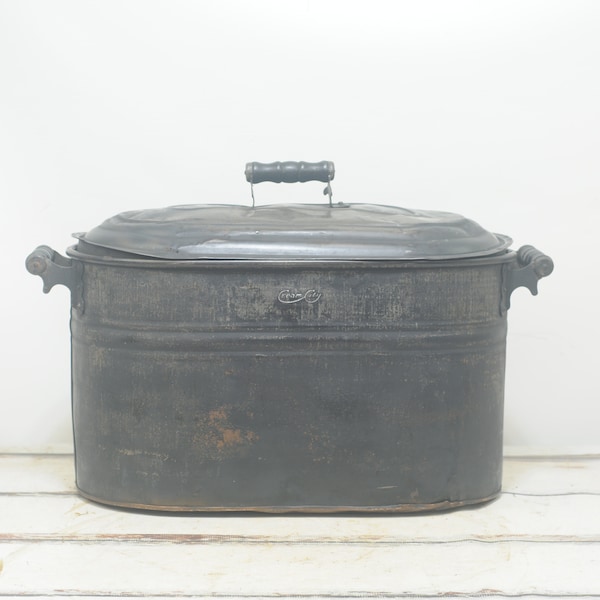 Antique . Oval Copper Cream City Boiler Black Wood Handles With Lid
