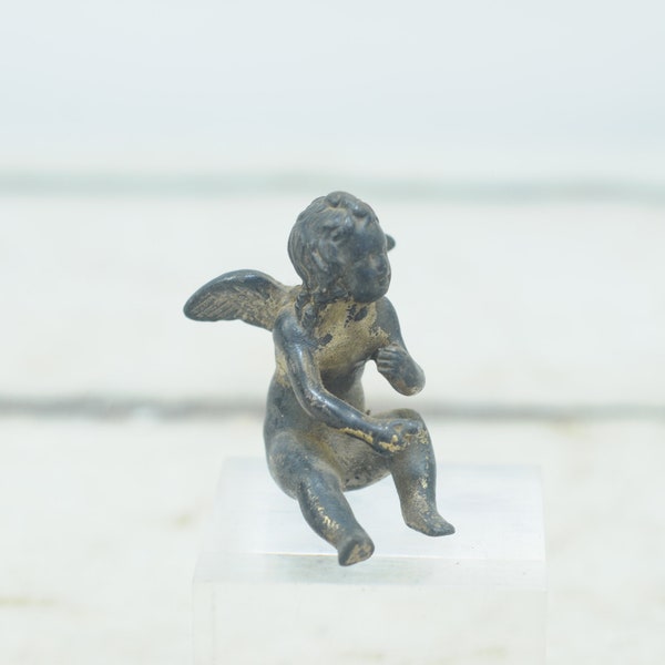 Vintage Solid Bronze Figurine Sitting Cupid Angel Collectible