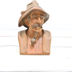 Vintage German Black Forest Hand Carved Wood Peasant Bust Man Tobacco Pipe