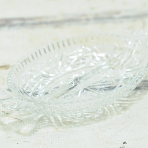 Vintage Pressed Glass Oval Divided Relish Dish Divided Clear Glass Tray Star Pattern With Handles