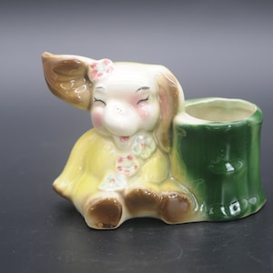 Vintage MCM Planter Pottery Baby Yellow Elephant With Flowers Green Planter