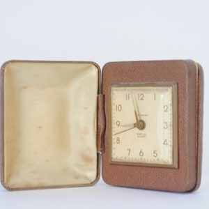 Vintage Folding New Haven Travel Clock Brown And Gold Case Glow In The Dark Hands +