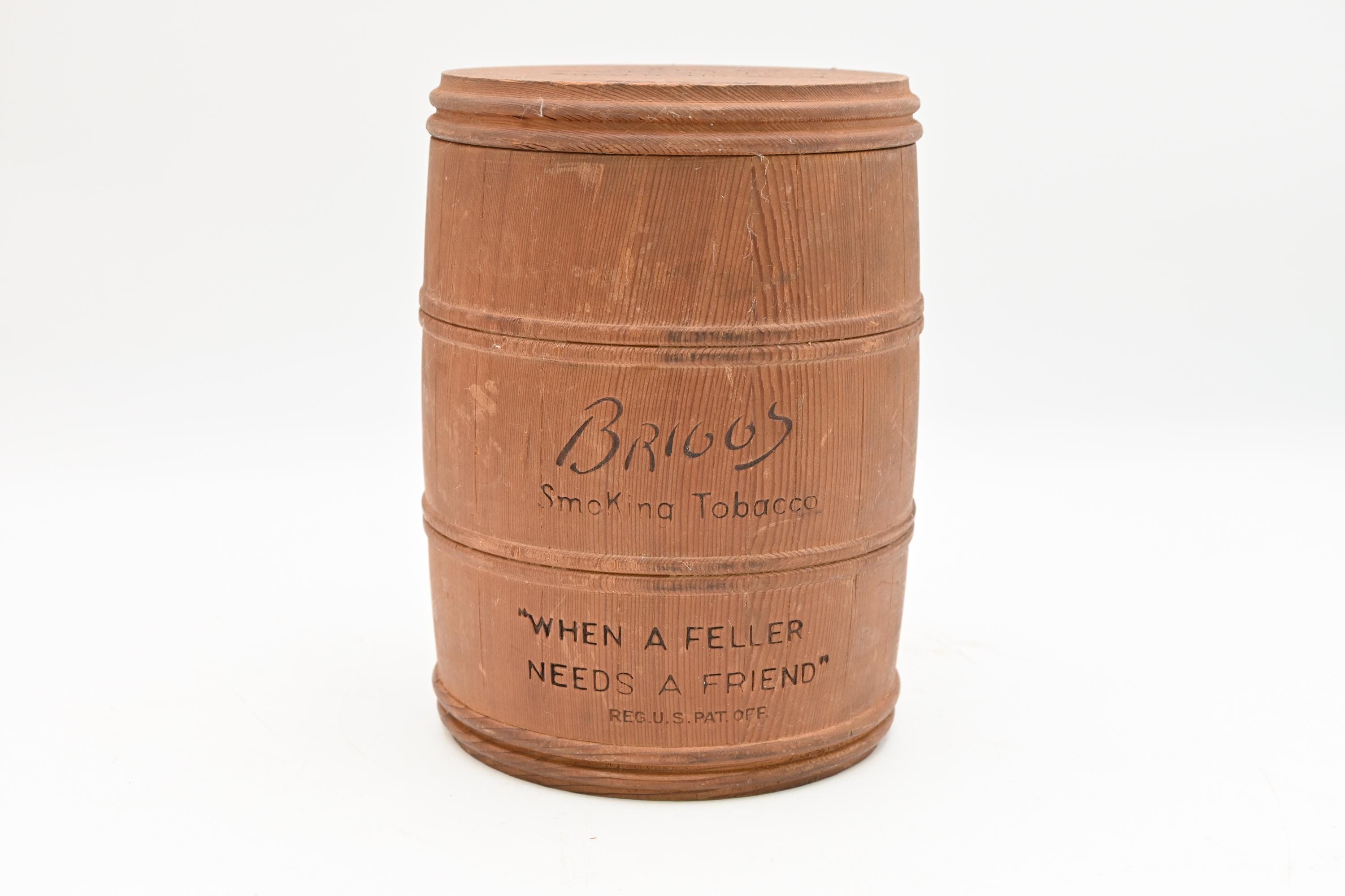 Vintage 1940s Advertising Wood Humidor Briggs Smoking Tobacco Wooden Barrel  W Lid