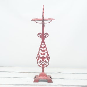 Antique ./ Vintage  Ornate Red Cast Iron Smoke Stand Cigarette Cigar Ashtray Stand Match Holder Art Deco Design