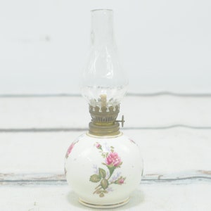Vintage . Small Milk Glass Oil Kerosene Lamp Hand Painted Pink Flowers Clear Hurricane Shade