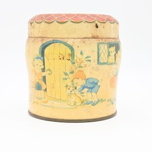 Rara scatola di latta vintage Thorne&#39;s Premier Toffee degli anni &#39;30, design per bambini, latta litografia Leeds, Inghilterra