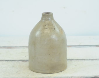 Antique Pottery Stoneware Salt Glazed Jug J. Fisher Lyons, N.Y. Excellent Condition