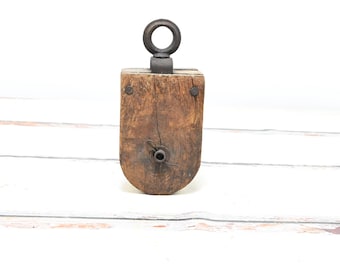 アンティーク木製ブロック滑車（鉄チェーン付き）、1900年代頃 - 農場