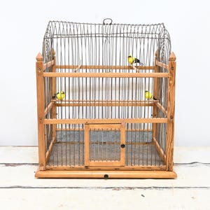 Puede incluir: Una jaula para pájaros vintage con marco de madera y malla de alambre. La jaula tiene una pequeña puerta y está decorada con cuatro pájaros amarillos con alas negras. La jaula está sobre un fondo blanco.