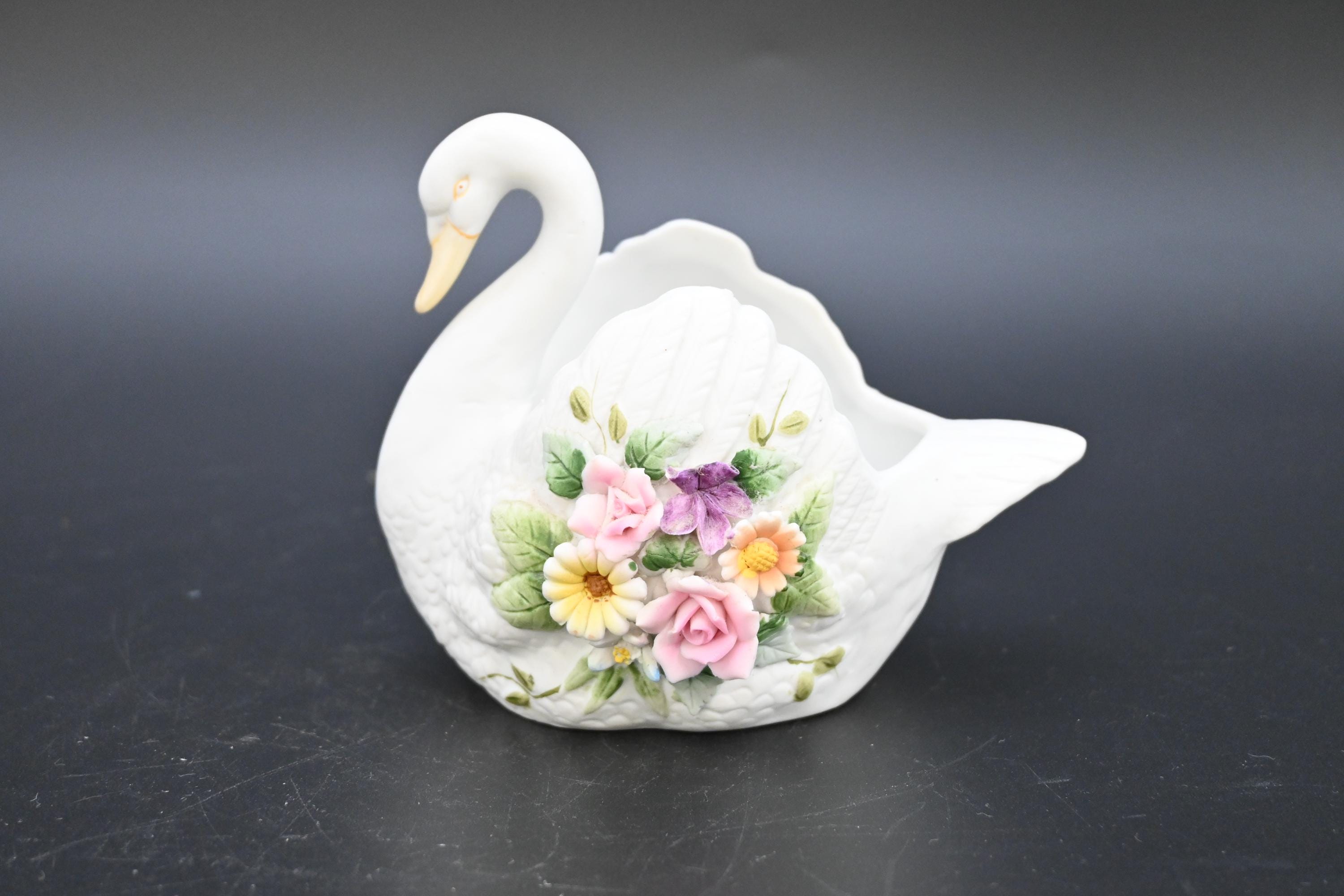 Lefton China Hand Painted White Swan 3-D Flowers Ring Dish Trinket