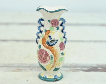 Vintage Keramikvase mit zwei Henkeln, geschnitzt, hergestellt in Japan, mit Vogel- und Blumenmotiven +