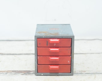 Vintage Small Gray and Red Dunlap Parts Tool Metal 4 Drawer Cabinet Chest Box