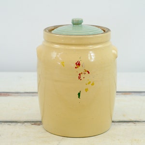 Antique ./ Vintage Stoneware Jar Crock Cookie Jar Antique Crock With Blue Lid