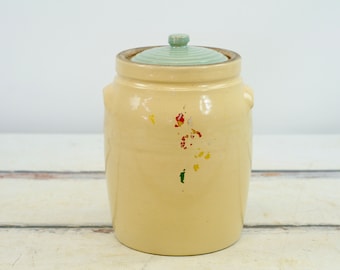 Antique ./ Vintage Stoneware Jar Crock Cookie Jar Antique Crock With Blue Lid