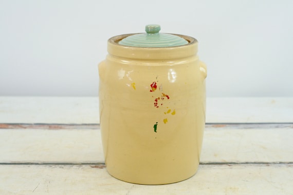Antique ./ Vintage Stoneware Jar Crock Cookie Jar Antique Crock With Blue Lid