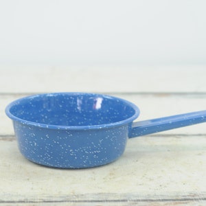 Vintage Graniteware Blue And White Speckle Medium Cooking Pot With Handle Camping Cookware +