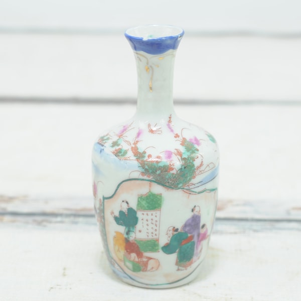 Vintage Porcelain Vase Japanese Porcelain Hand Painted Blue Japanese Village Small Decorative Asian Vase