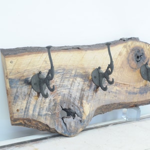 28&quot; Live Edge Rough Sawn Oak Finished Wood Coat Rack Hat Rack Three Large Vintage Style Hooks