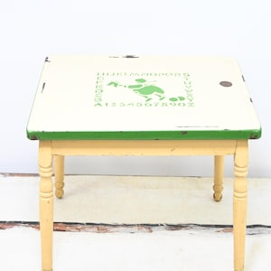 Antique Chippy Porcelain Enamel and Wood Art Deco Small Childs Nursery Rhyme Play Table Child&#39;s Alphabet and Numerals Teaching Table