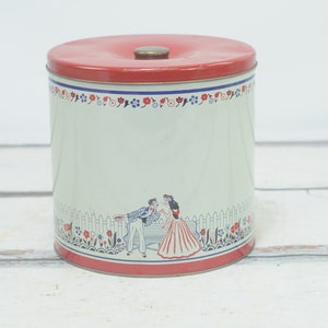 Vintage Large Tin Cracker Canister Original Retro 1950s Courting Couple Wisconsin Can Co. Man and Woman Picket Fence Red and Cream Decor #2