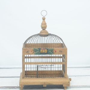 Antique . Vintage Victorian Antiqued Green/Yellow Tole Painted Wood Bird Cage