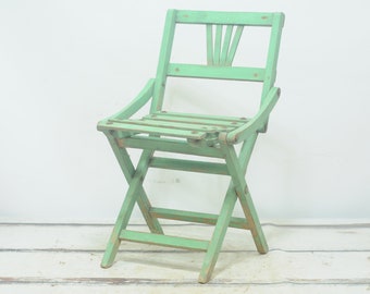 Vintage jaren 1930 groen hout kinder klapstoel houten latten klapstoel pop stoel